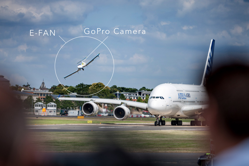 Man schaut aiuf ein Flugzeug von Airbus, dass auf einem Rollfeld steht. Im Hintergrund fliegt ein kleines Flugzeug, um das ein grafischer Kreis gezogen wurde und der Name des Flugzeugs wurde daran geschrieben.