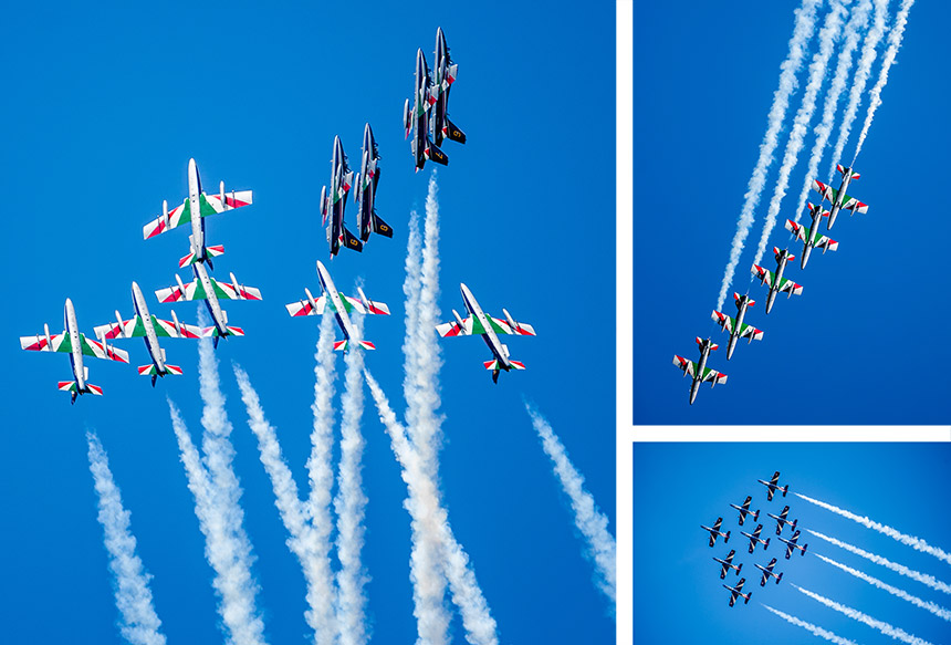 Flugshow mit Flugzeugen in Farben der italienischen Flagge.