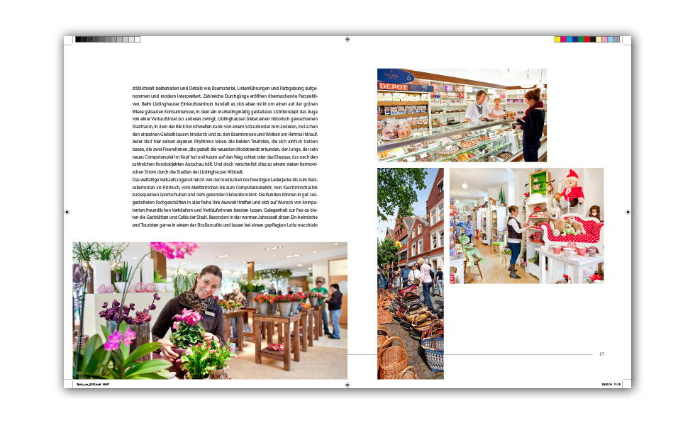 Druckseite aus dem Bildband Lüdinghasuen mit 4 Fotos aus verschiedenen Geschäften und Text.