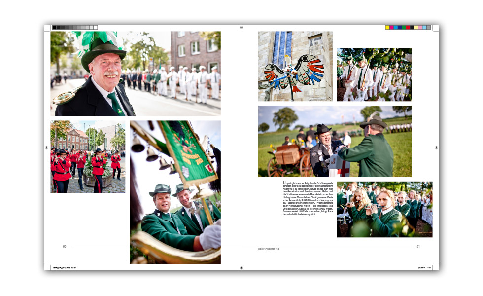 Druckseite einer Doppelseite aus dem Bildband Lüdinghausen mit 7 Fotos vom Schützenfest und Text.