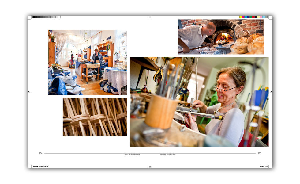 Druckseite einer Doppelseite aus dem Bildband Lüdinghausen mit 4 Fotos aus verschiedenen Handwerksbetrieben.