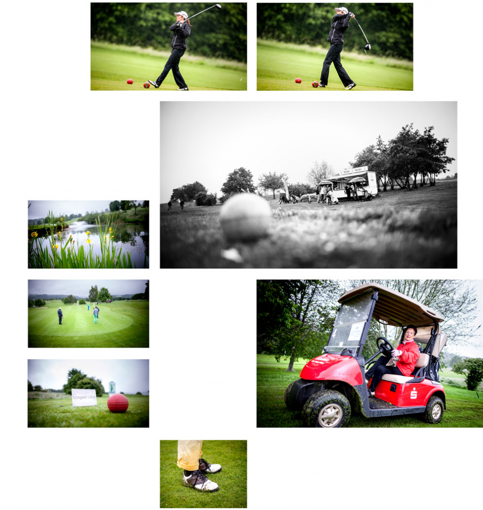 Eine Collage mit verschiednen Fotos von einem Golfturnier. Detailaufnahmen, Momentaufnahmen mit und ohne Menschen.