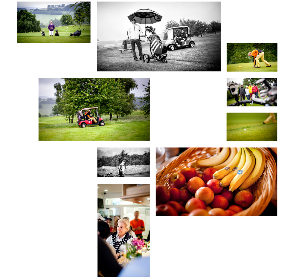 Fotocollage mit verschiedenen Bildern eines Golfturniers. Momentaufnahmen, Detailaufnahmen.
