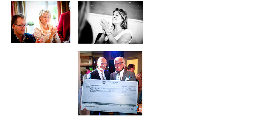 Collage mit 3 Fotos von einer Veranstaltung mit einer Checkübergabe und klatschenden Menschen.
