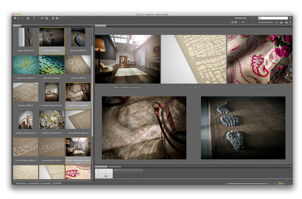 Die Oberfläche eines Ansichtsprogramms für Fotos mit verschiedenen Fotos von Teppichen. Detailaufnahmen und Raumfotos.