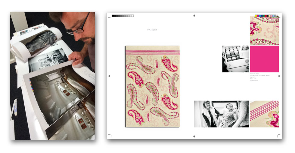 Links: Tim Marquardt kontrolliert die Proof von der Broschüre. Rechts: Eine der Druckseiten aus der Broschüre, die einen Teppich vorstellt.