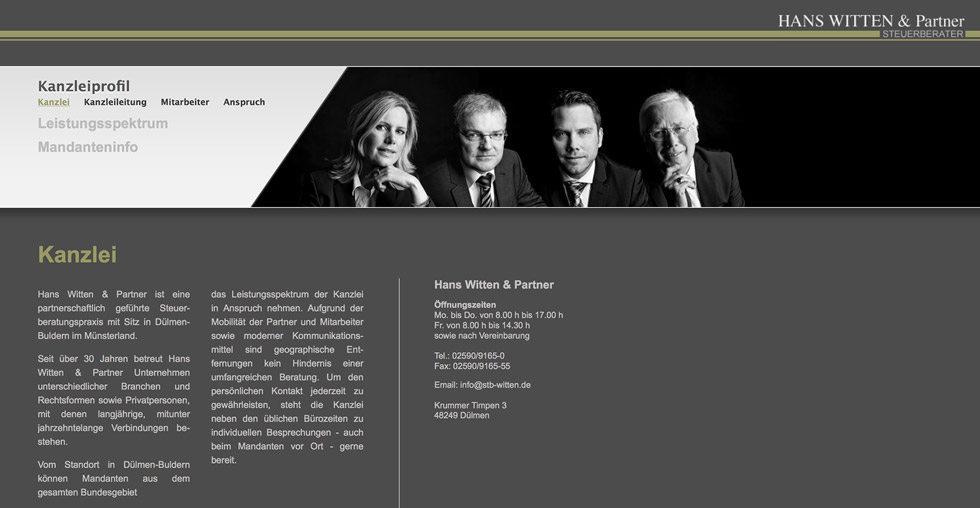 Screenshot einer Homepage mit Fotos von 4 Personen und Text über eine Steuerkanzlei.