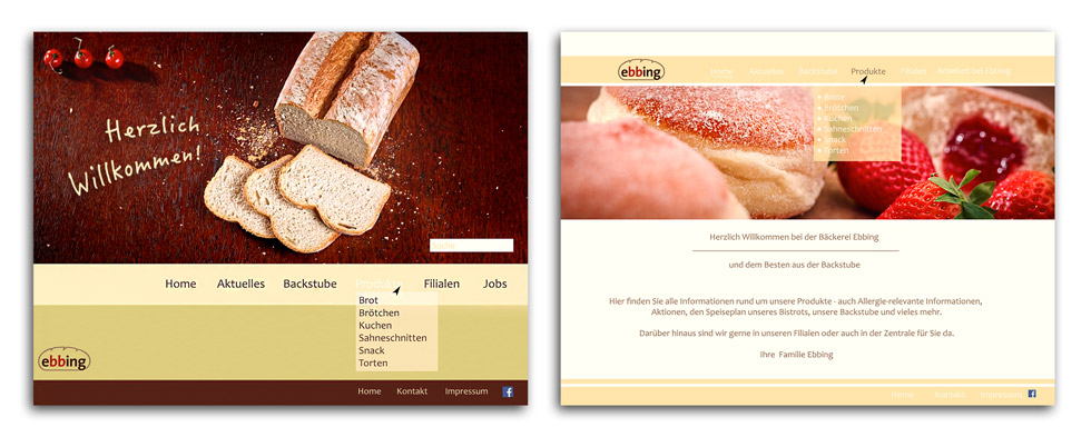 2 Screenshots von Layout Entwürfen für eine Homepage von Bäckerei Ebbing.