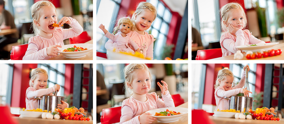 6 Fotos von einem kleinen blonden Mädchen, das an einem Tisch sitzt und mal Pasta isst, mal eine Puppe hält oder im Kochtopf rührt.