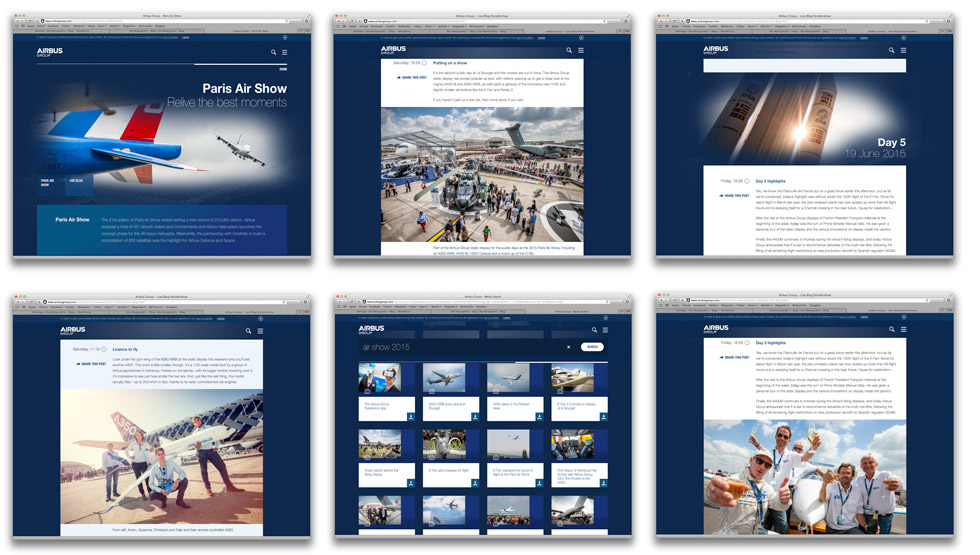 Collage aus 6 Fotos. Screenshots der Airbus Homepage mit verschiedenen Fotos im Layout.