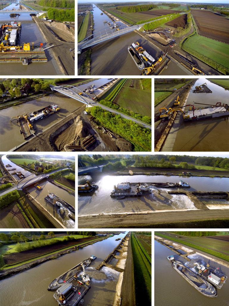 Collage mit verschiedenen Luftaufnahmen die eine Baustelle am Kanal zeigen..