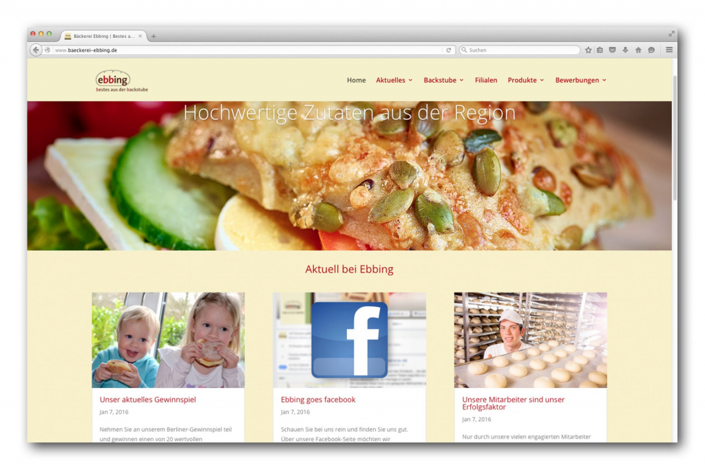 Internetseite vom Bäcker mit Brötchen im Vordergrund