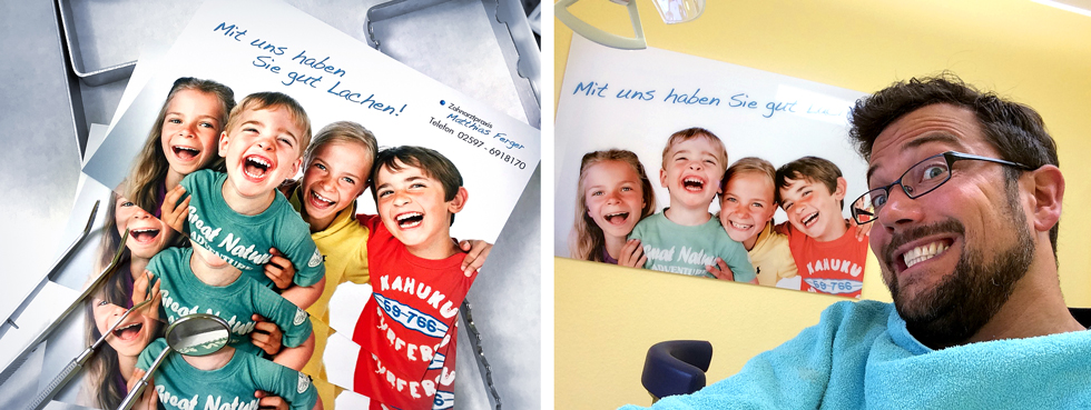 Collage aus zwei Fotos. Links: Flyer und Zahnarztzubehör. Rechts: Selfie von Tim Marquardt auf dem Zahnarztstuhl mit Foto im Hintergrund.