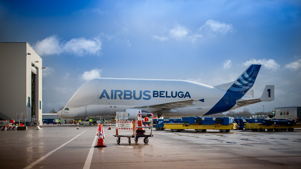 Der Airbus Beluga auf einem Rollfeld beim einparken.