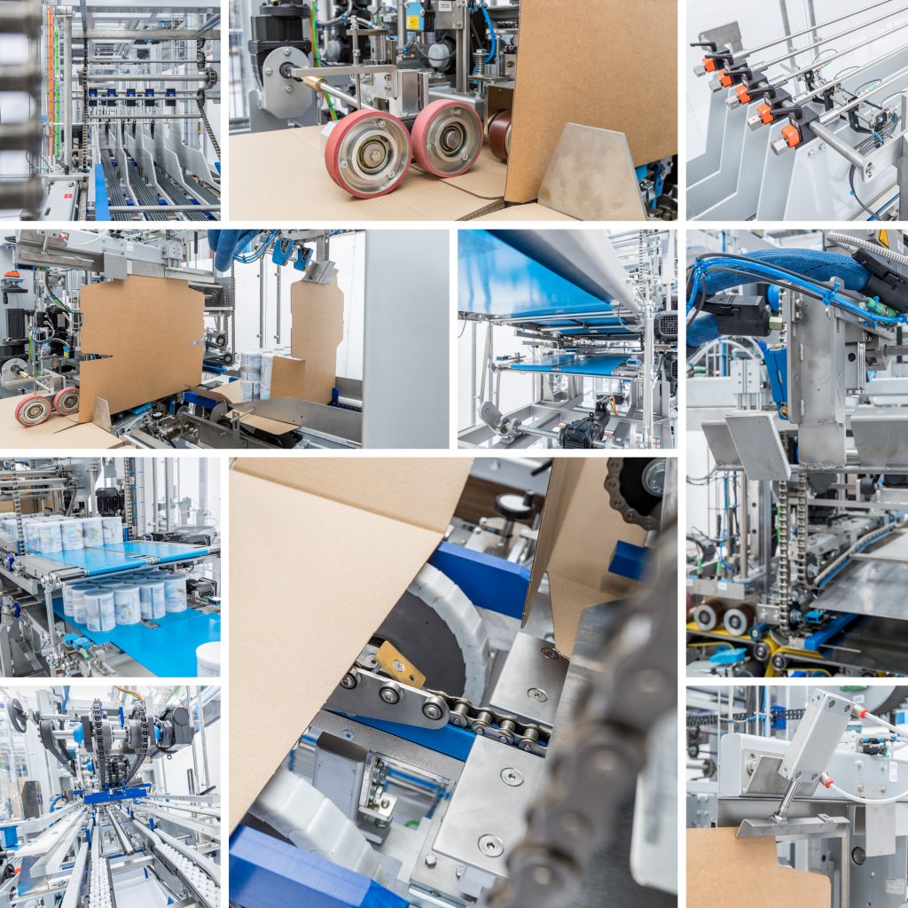 Collage von Detailaufnahmen der Maschinen von Meypack während der Arbeitsprozesse