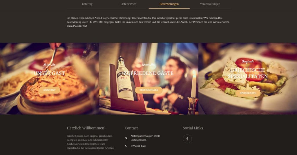 Internetseite des Restaurants mit den ausgewählten Motiven